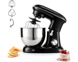 Glitzerlife - Keukenmachine 1400 W - Met 5 Liter Roestvrijstalen Mengkom - Kneedmachine/Deegmachine Met Kneedhaak Garde Komdeksel Als Spatbescherming - Inclusief Deeghaken, Kloppers en eierklopper - Zwart
