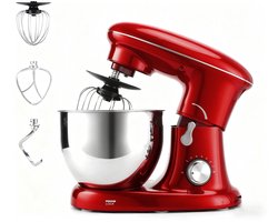 Glitzerlife - Keukenmachine 1400 W - Met 5 Liter Roestvrijstalen Mengkom - Kneedmachine/Deegmachine Met Kneedhaak Garde Komdeksel Als Spatbescherming - Inclusief Deeghaken, Kloppers en eierklopper - Rood
