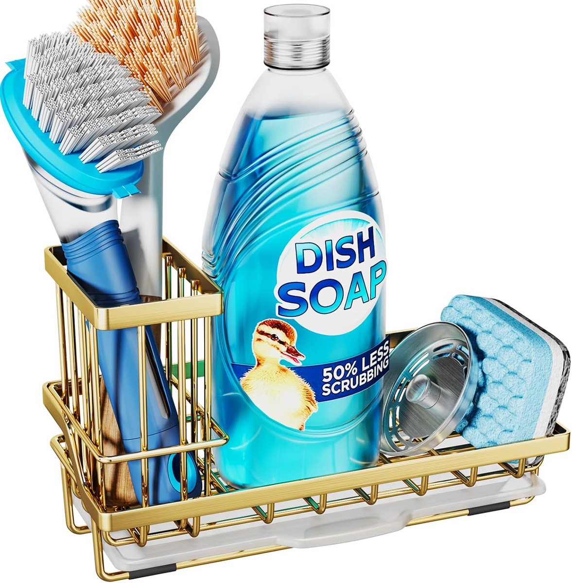 Gootsteen Caddy met Lekbak - Roestvrijstalen Keukensponshouder en Borstelhouder voor Gootsteen