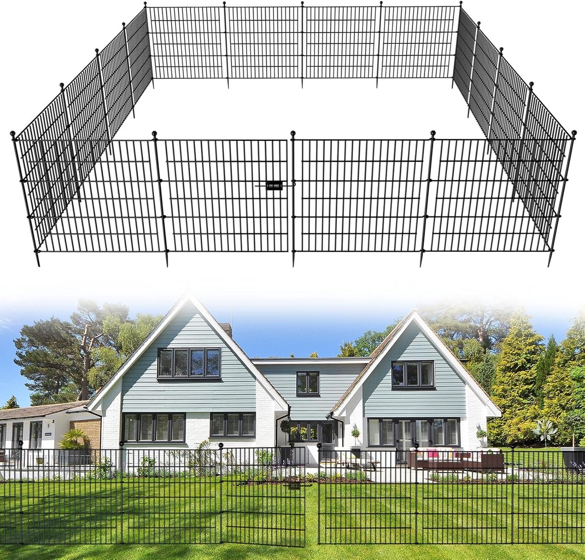 Decoratieve tuinhek met poort - 15 panelen, 32" hoog en 35 ft lang, roestvrij metalen draad voor dieren