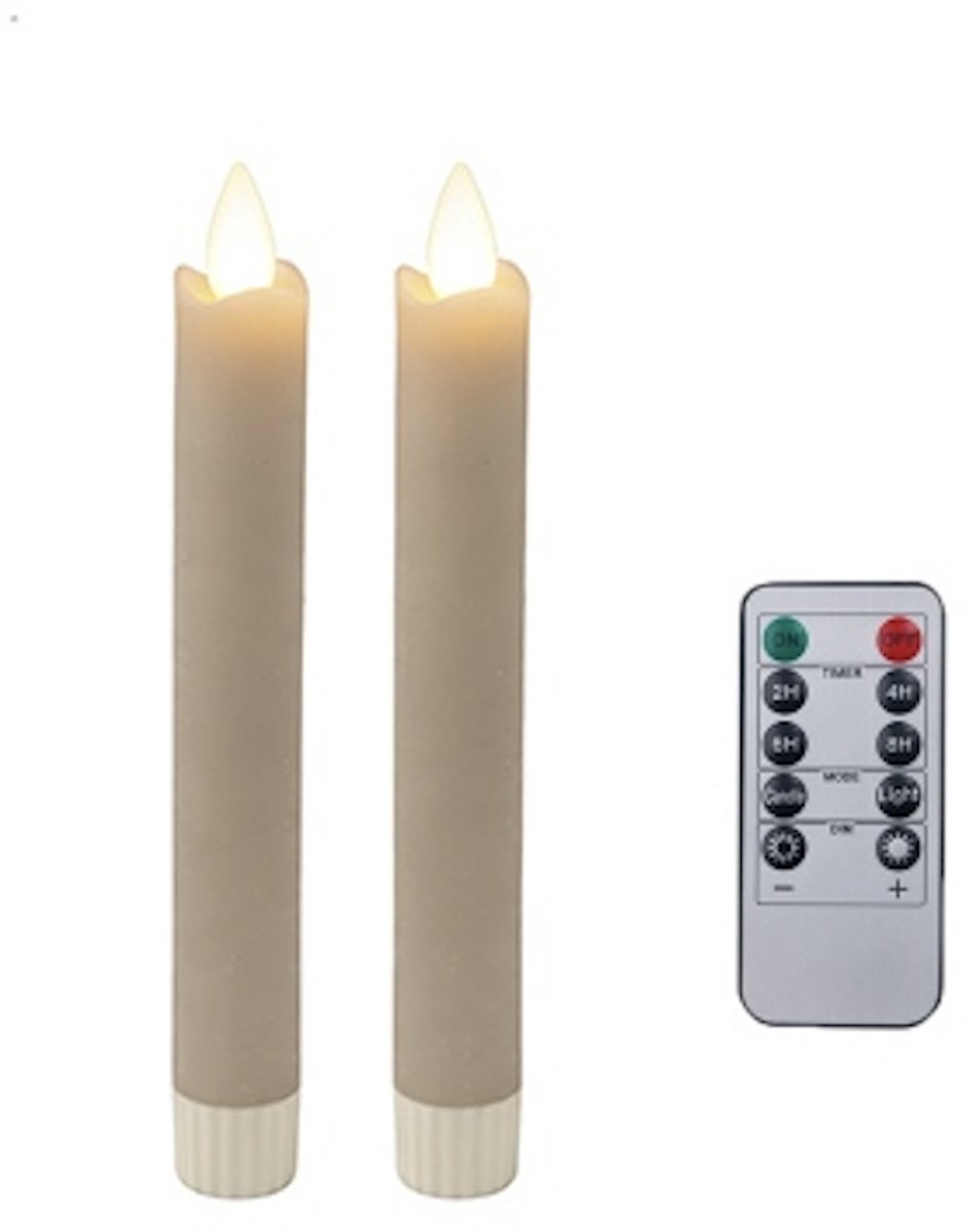 Foryouliving - LED kaarsen met bewegende vlam 2x - Taupe - Afstandsbediening - Dinerkaars rustiek wax 18.5 cm - LED kaars batterij - Timer