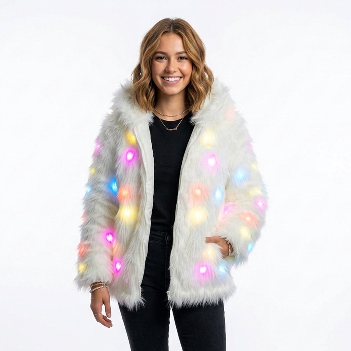 Ravelife - Lichtgevende LED Bontjas – Met Afstandsbediening - Kort model - Wit - One size