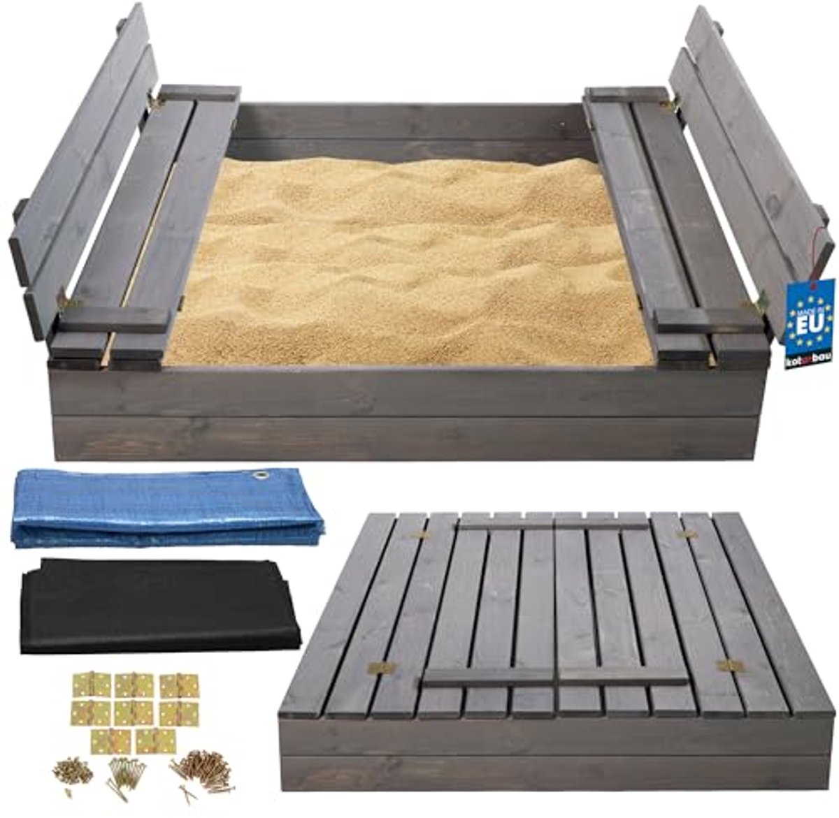 KOTARBAU® Houten Zandbak, 120 x 120 cm, Grijs, Zandbak met Deksel, en Bankjes, Met Grondzeil, Geïmpregneerd, Buitenspeelgoed