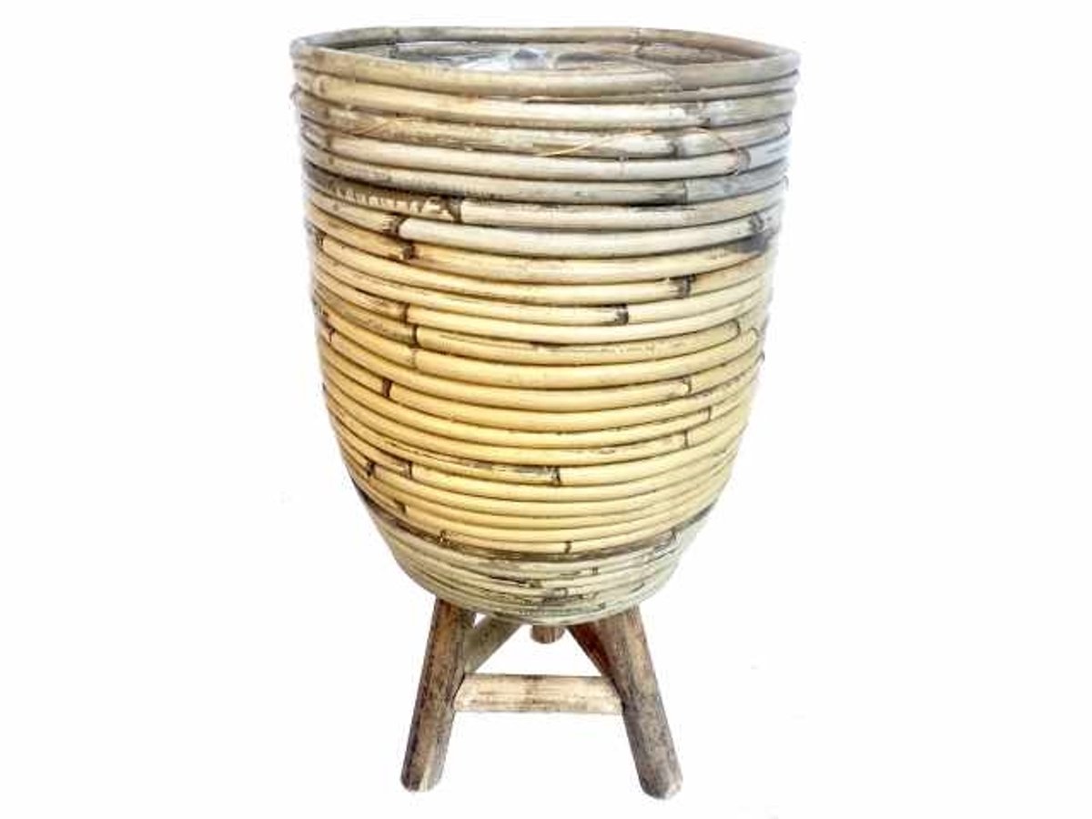 Rotan plantenmand met plastic op poten grijs 25x40cm