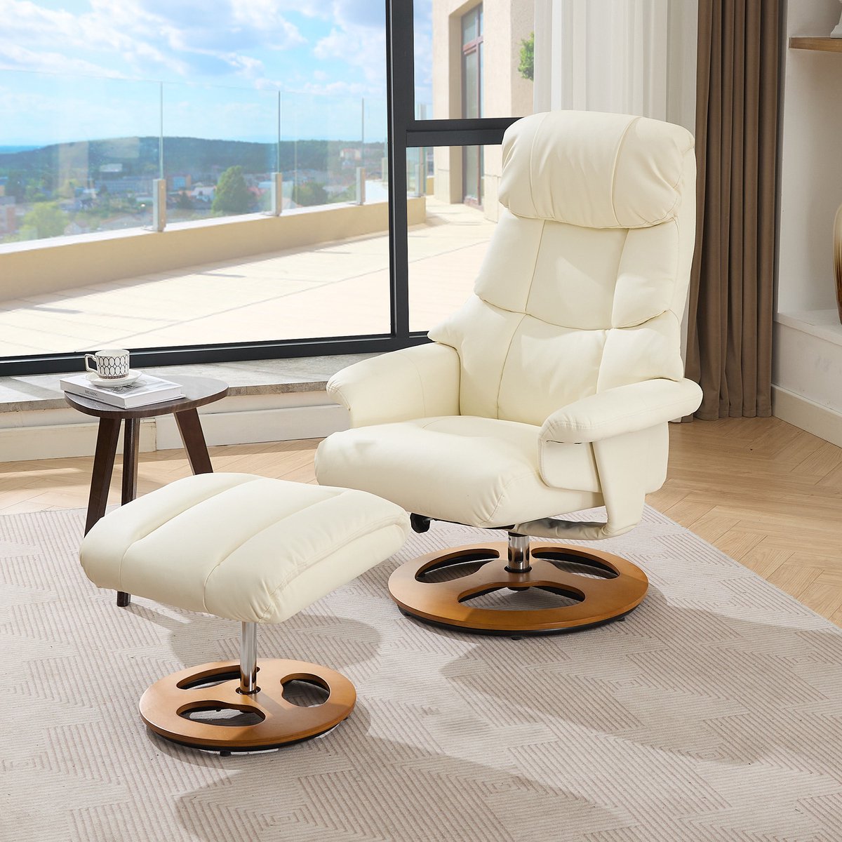 Luxe Relaxfauteuil met Massage en Verwarming - Verstelbaar met Voetenbank - 360° Draaibaar - Wit Kunstleer