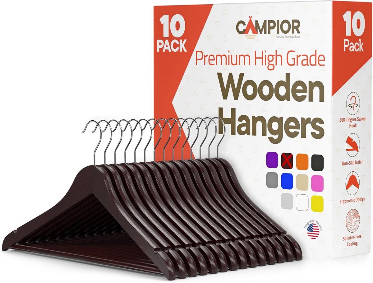 Set van 10 Stevige Garderobehangers van Hout met Draaibare Haak