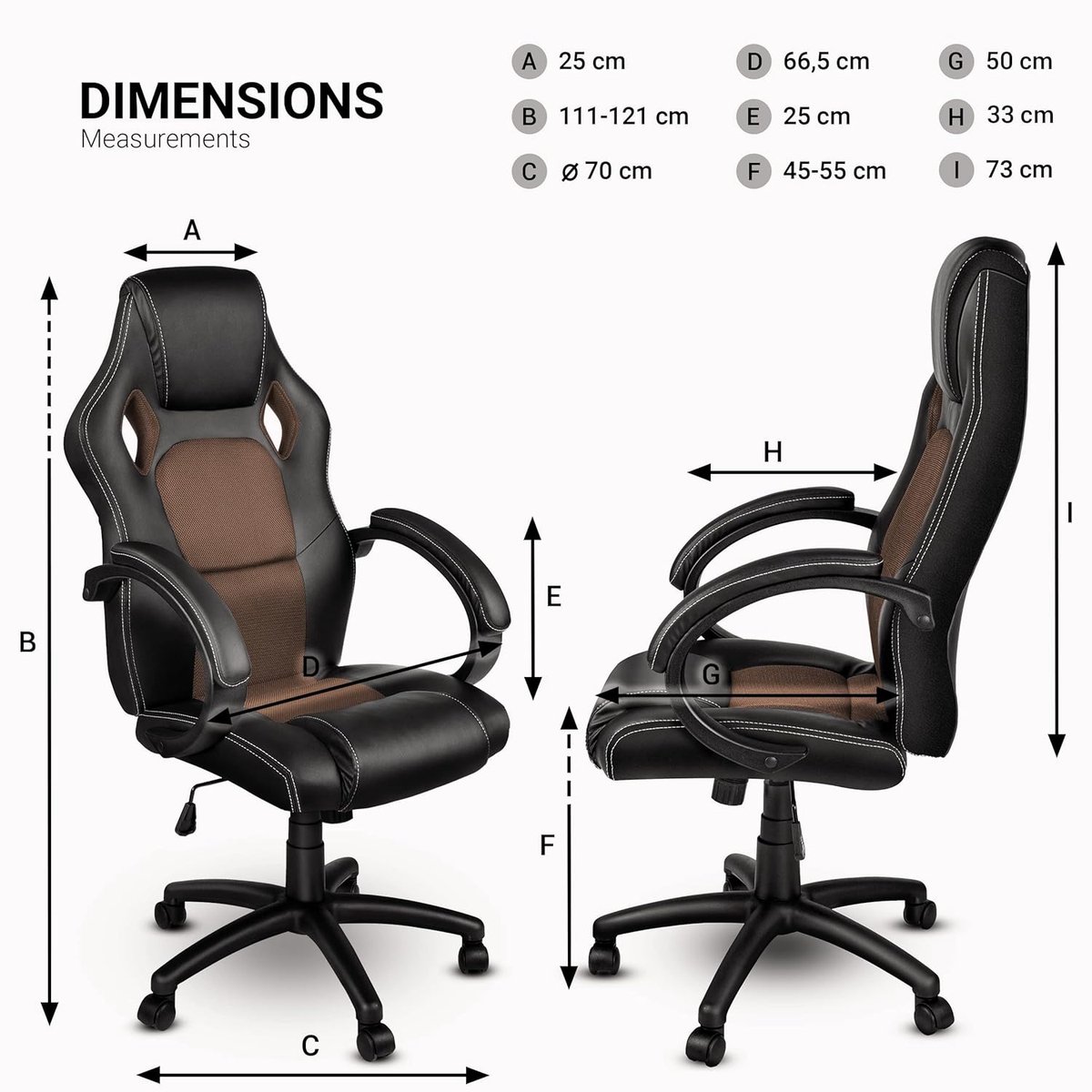 Bureaustoel Ergonomisch Casa Velluto Imperial Racing – Directiestoel met Hoofdsteun, Gevoerde Armleuningen, Wipmechaniek, Verstelbare Zithoogte, Draaistoel met Wielen, Kunstleer, Zwart/Goudbruin