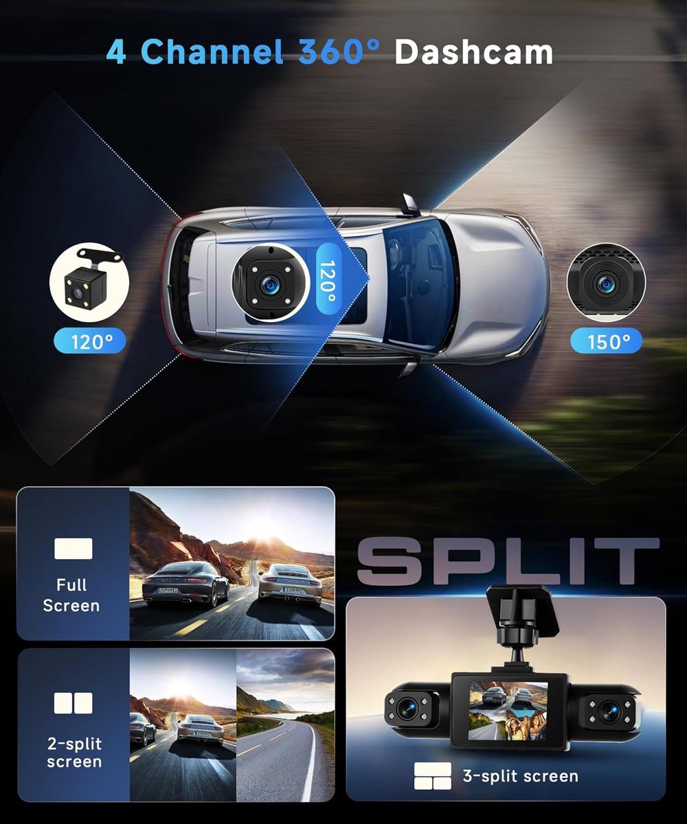 4-Kanaals Dashcam 360 Graden - 4x Full HD 1080p Camera Voor, Achter, Links, Rechts - 2 Inch LCD Scherm - Nachtzicht - Parkeermodus - Dashcamera voor Auto & Taxi - Zwart – foto 3
