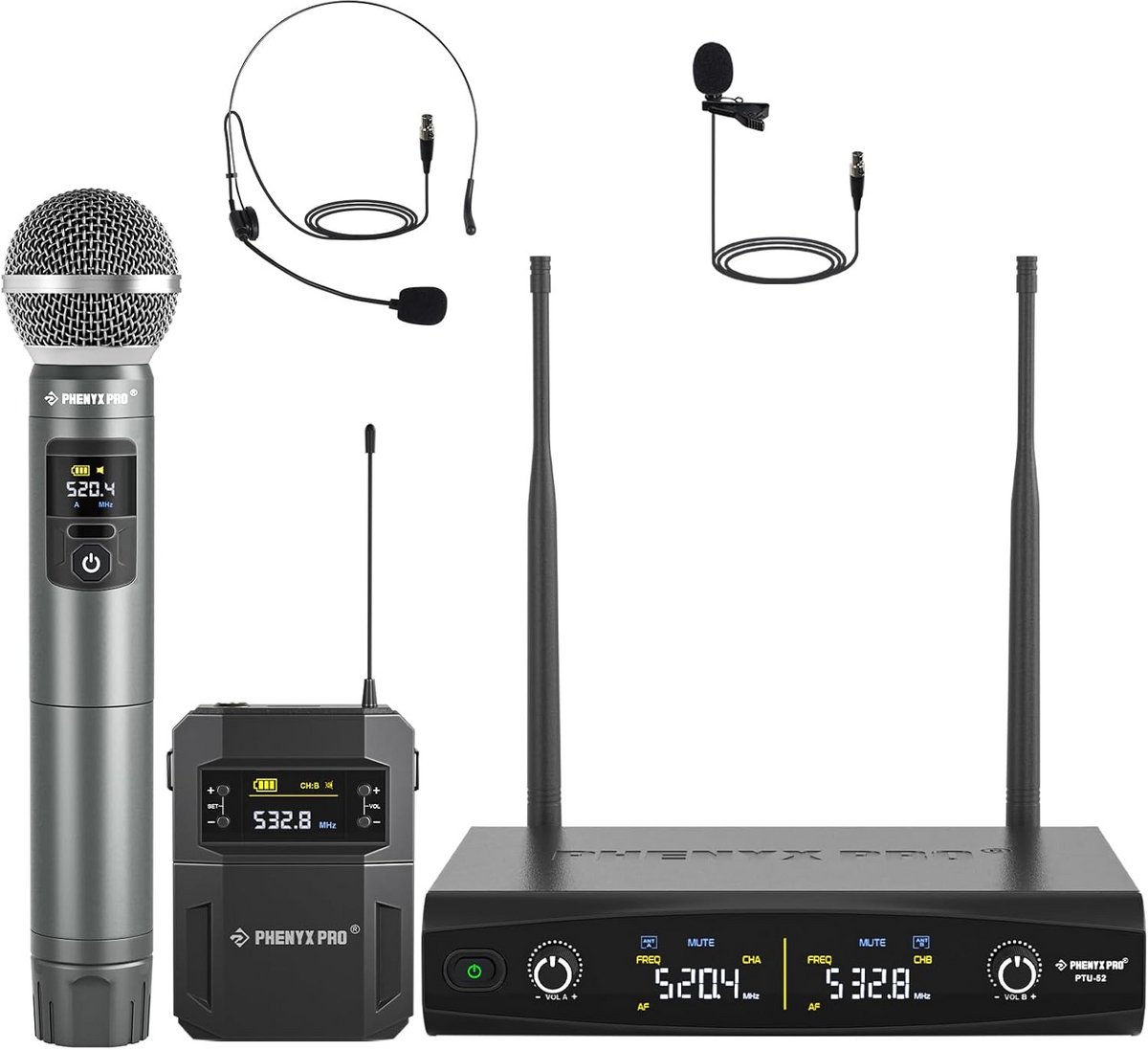 Draadloos Microfoonsysteem Met 2 Kanalen - UHF Microfoonset Inclusief Hand, Headset & Reversmicrofoon