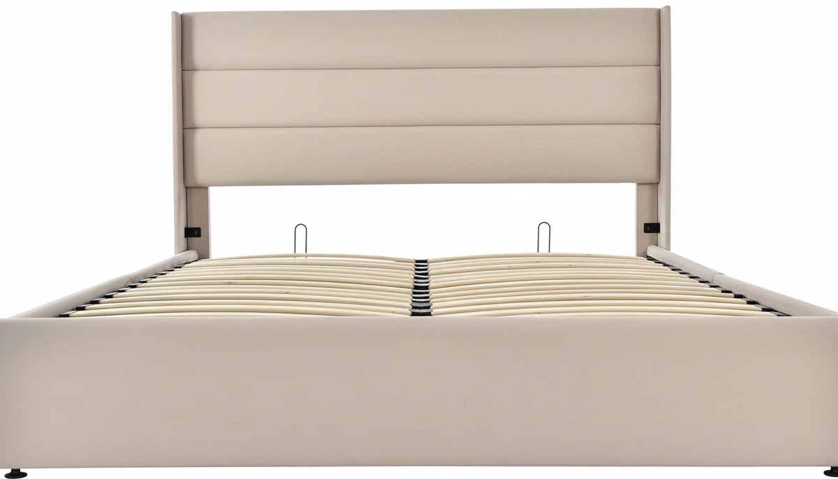Gestoffeerd Bed 140x200 cm Casa Velluto met Hydraulische Opbergruimte, Tweepersoonsbed met Lattenbodem van Hout, Linnen Hoofdeinde, Slaapkamerbed Zonder Matras, Beige, Opbergbed