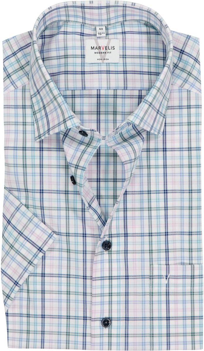 MARVELIS modern fit overhemd - korte mouw - popeline - wit met blauw - groen en roze geruit - Strijkvrij - Boordmaat: 45 (EU maat: XXL)