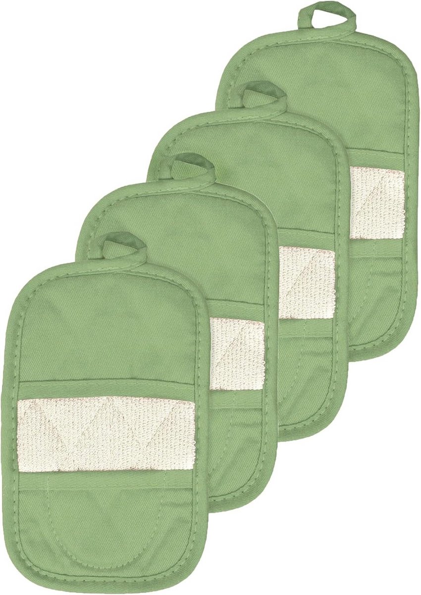 4-delige Ovenwant & Pannenlap Set - 100% Katoen Badstof - Dubbele Functie - Cactus Groen