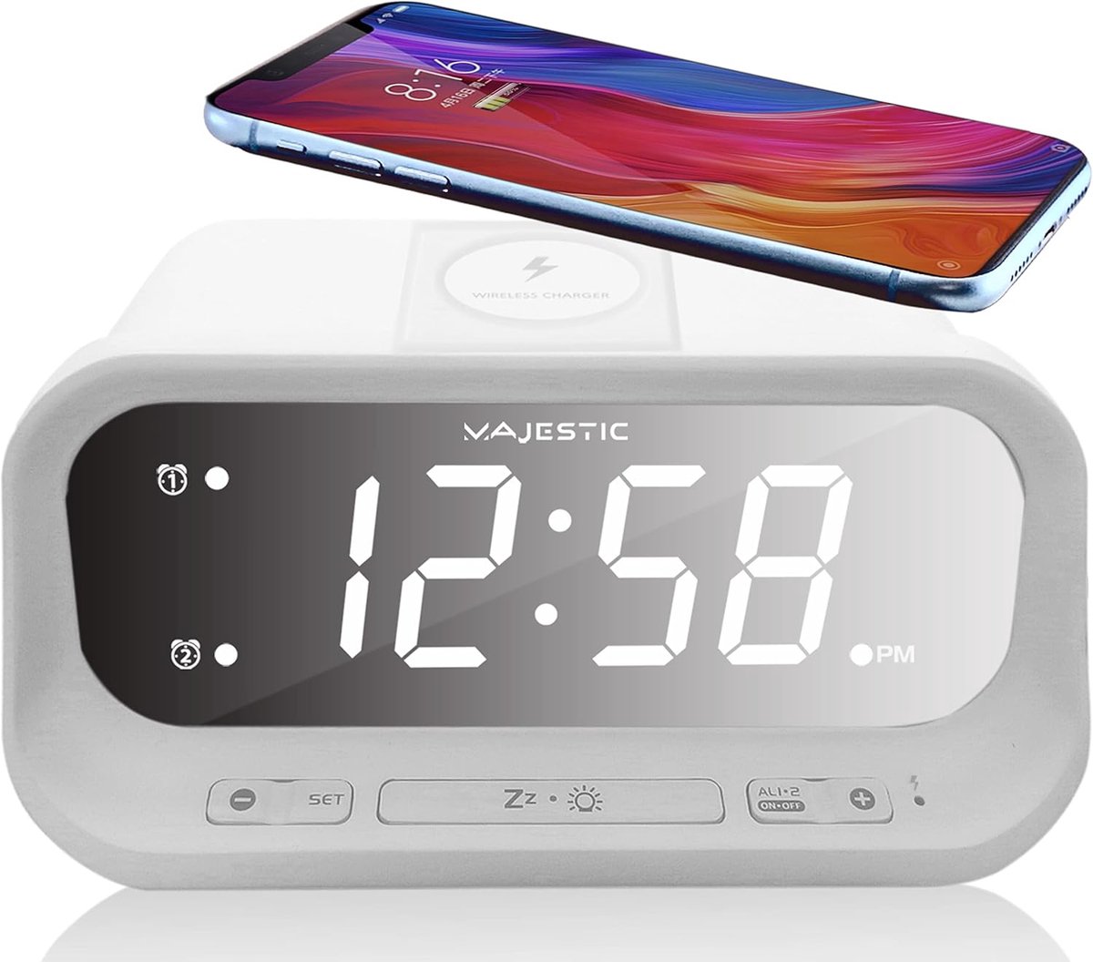Digitale Wekker met Draadloos Opladen (Qi), Dubbel Alarm en USB-Poort