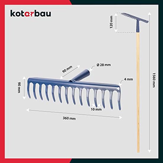KOTARBAU® Tuinhark, Bladhark, Staal, 36 cm, Marineblauw, met Houten Steel, 136 cm, 14 Tanden, voor Gazon, Stevige Hark, Metalen Hark, Ergonomisch Tuingereedschap van Merkloos	 — afbeelding 3