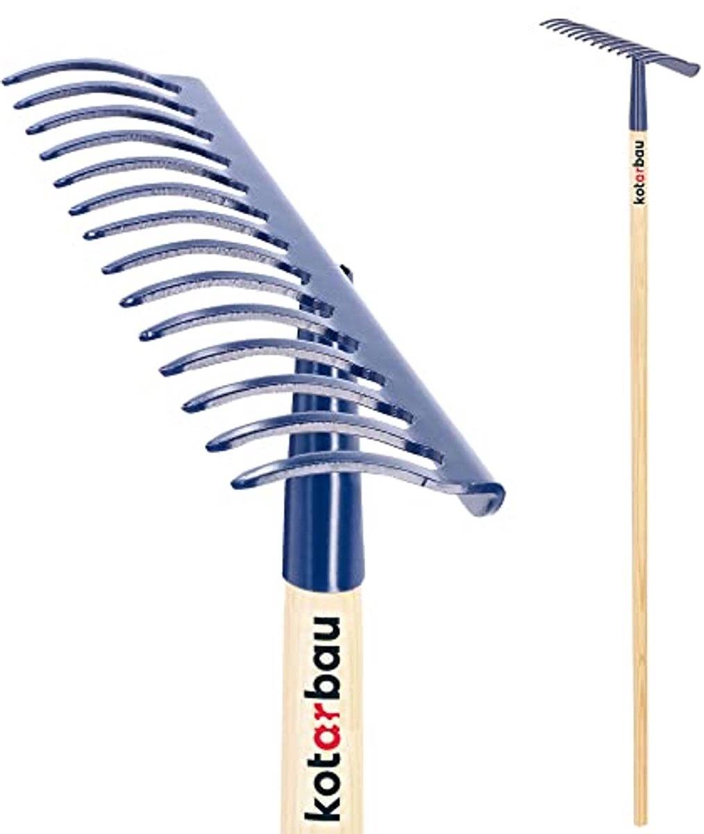 KOTARBAU® Tuinhark, Bladhark, Staal, 36 cm, Marineblauw, met Houten Steel, 136 cm, 14 Tanden, voor Gazon, Stevige Hark, Metalen Hark, Ergonomisch Tuingereedschap