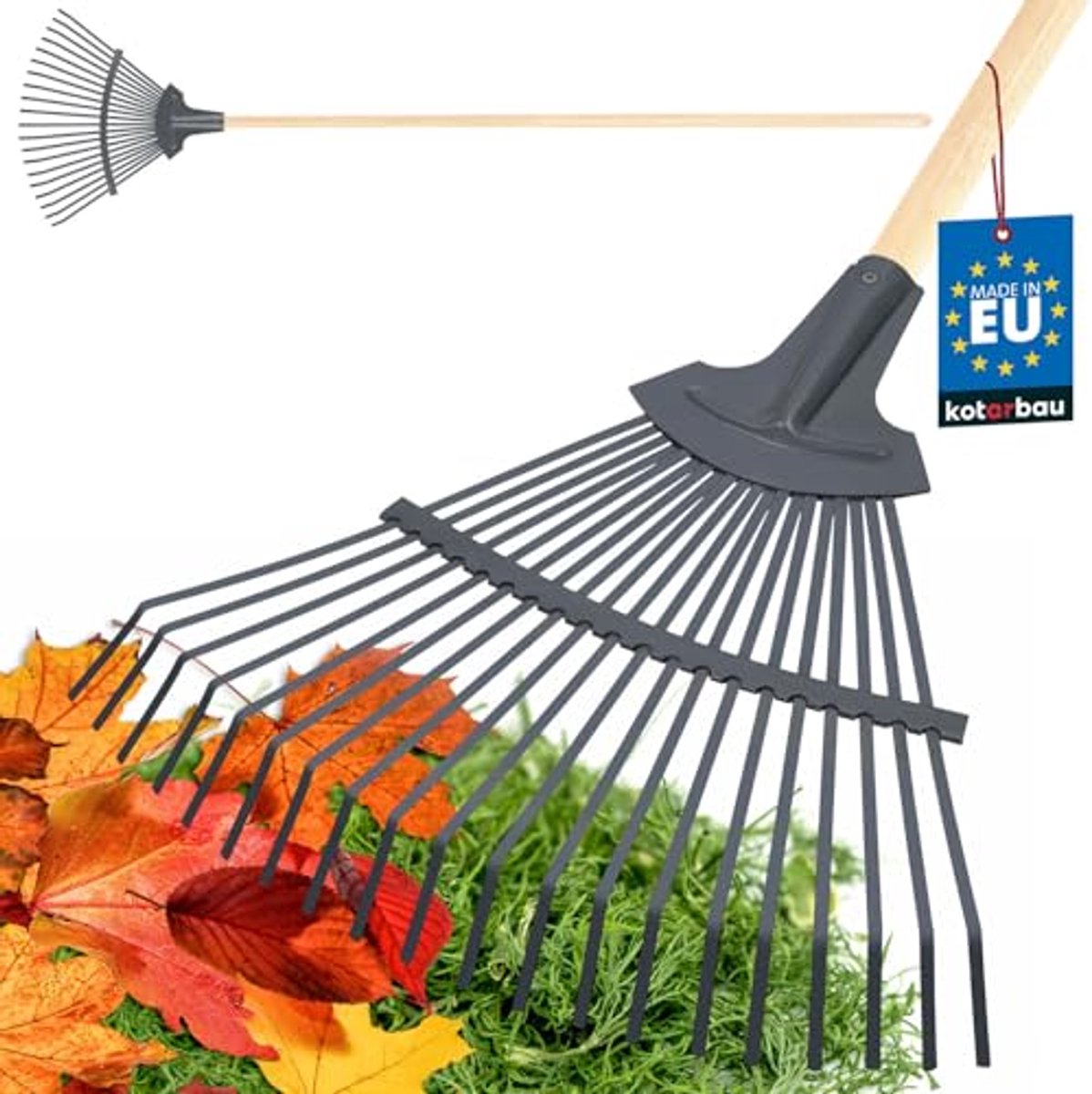 KOTARBAU® Bladhark, Staal, 44 cm, Bladbezem, met Houten Steel, 191 cm, Stevige Hark, Tuinhark, Gazonhark, voor Bladeren Gras Tuin, Ergonomisch Tuingereedschap, Grijs Natuurlijk Hout