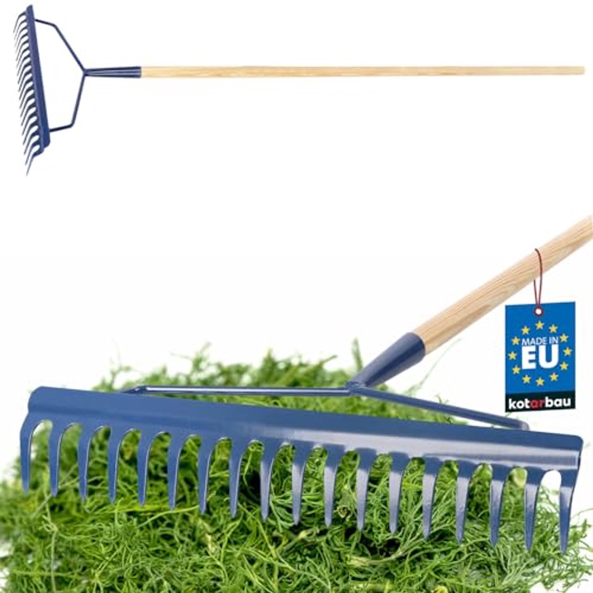 KOTARBAU® Tuinhark, Versterkt, Bladhark, Staal, 49 cm, Marineblauw, met Houten Steel, 166 cm, 18 Tanden, voor Gazon, Stevige Hark, Metalen Hark, Ergonomisch Tuingereedschap