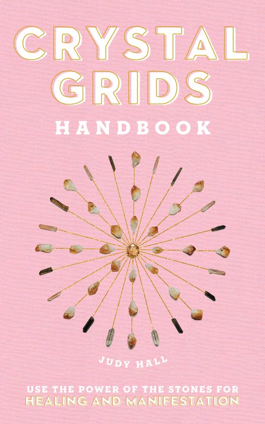 Boekomslag van 'Crystal Grids Handbook' door Judy Hall, met tekst en een cirkelvormig patroon van kristallen.