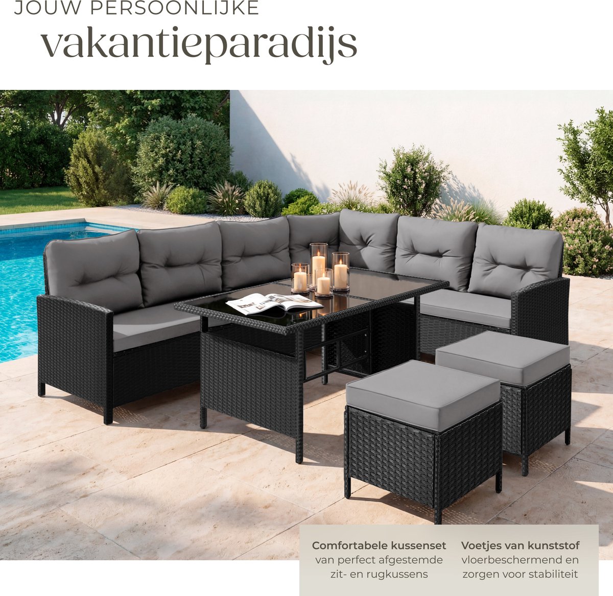tectake® Loungeset Barletta - 6 tot 8 Personen - Modulaire Tuinset met Loungebank, Kruk en Tuintafel - Tuinmeubels - Balkonmeubel - 5-delige Zitgroep - Inclusief Kussens - Ideaal voor Tuin, Terras en Balkon - Zwart met Grijze Kussens thumbnail 5