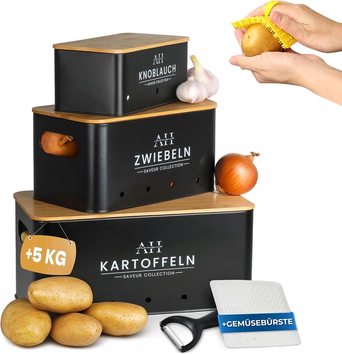 Set van 3 Aardappel Bewaar Bussen met Hulpmiddelen voor Keukenopslag