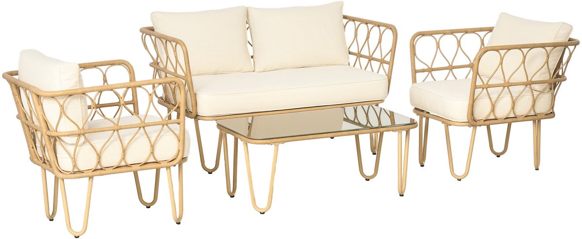 Outsunny Rattan Bankstel - Geweven PE-hars - 129x71,5x69cm - Khaki