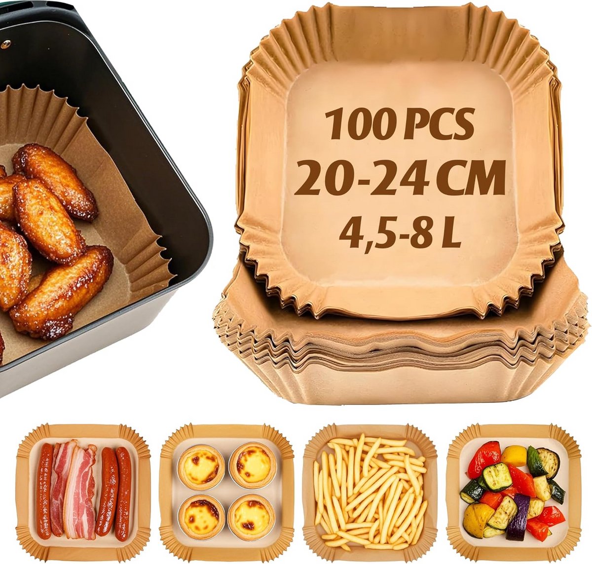 100 Vellen Bakpapier voor Airfryer - Vierkante Bakvellen voor heteluchtfriteuse