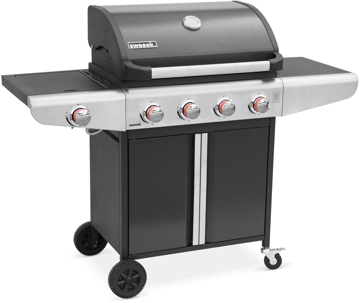 sweeek - Gasbarbecue 4 branders en zijbrander met zijtafels en thermometer - bazin 4