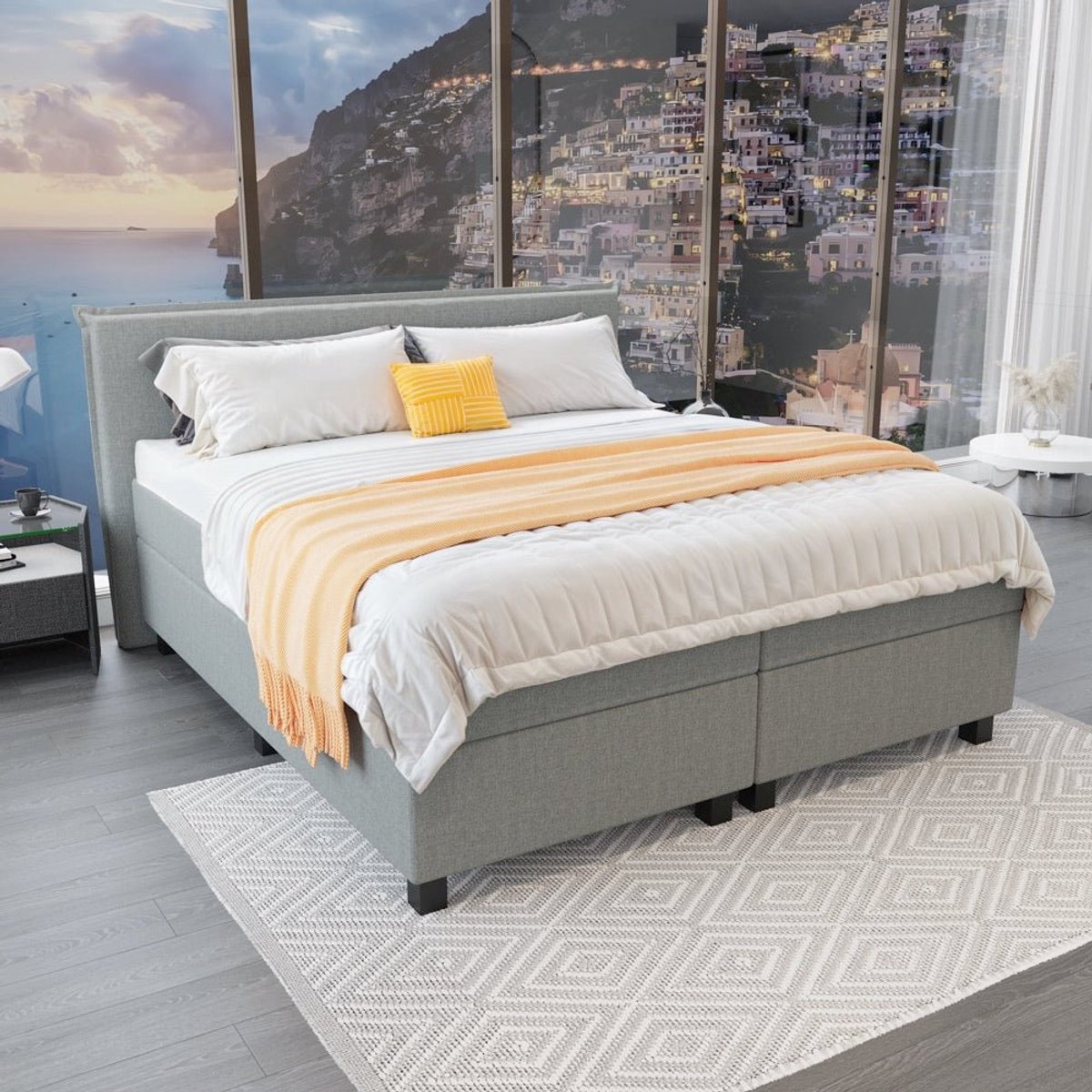 Mörgenn Boxspring Capri - Pocketvering Boxen en matrassen - Luxe 12cm topper - Lichtgrijs - 80x220 cm - Inclusief Dekbed en Kussens
