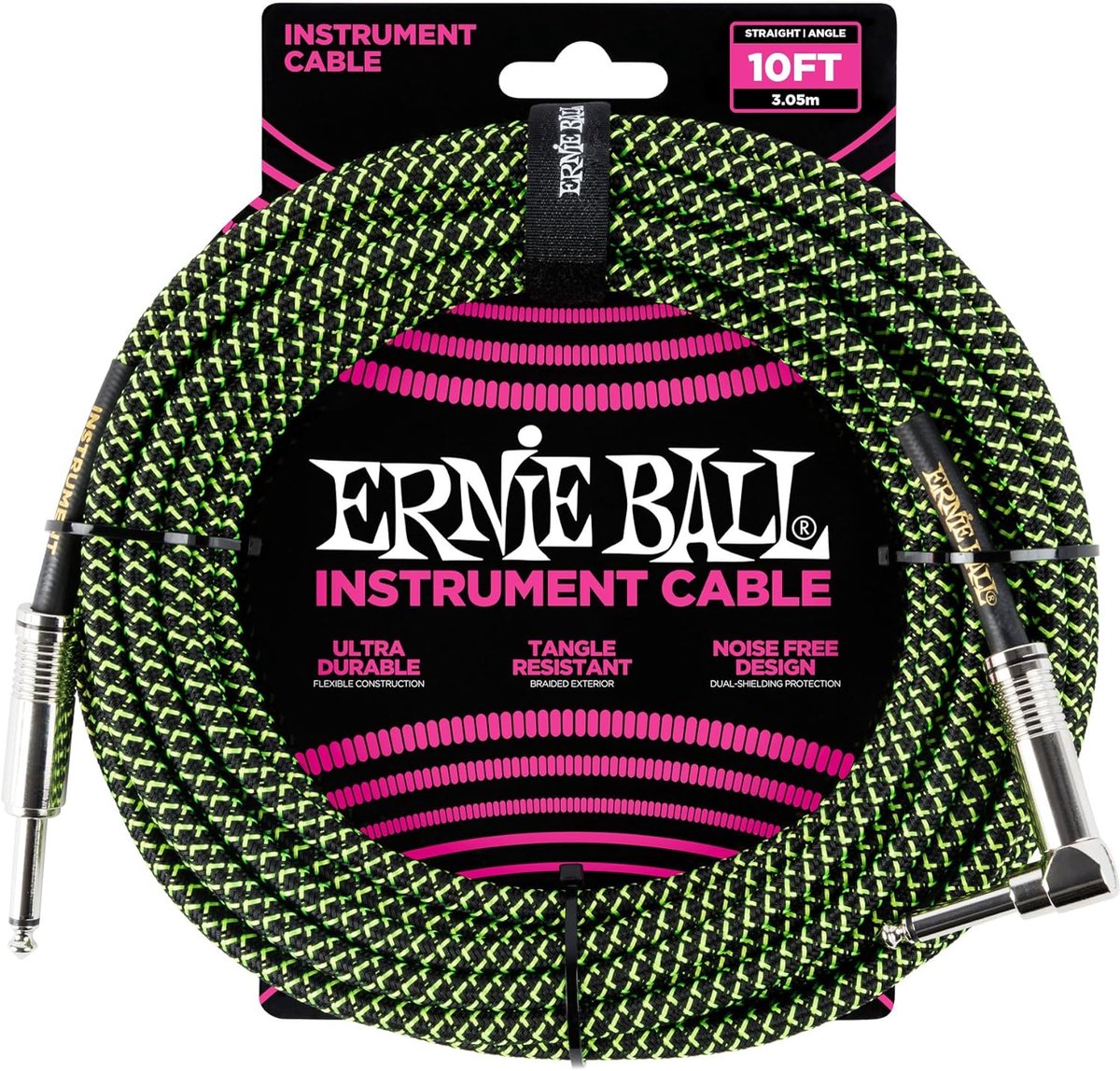 Instrumentkabel Gitaar & Bas 3 Meter Gevlochten Zwart/Groen Rechte & Hoekplug