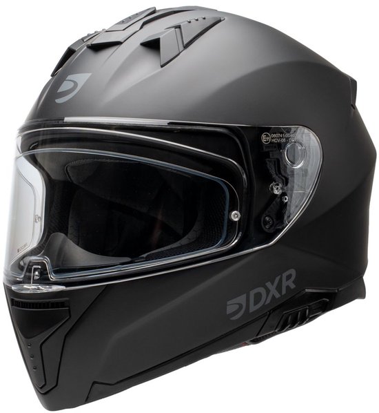Casque intégral DXR noir avec visière transparente et aérations.