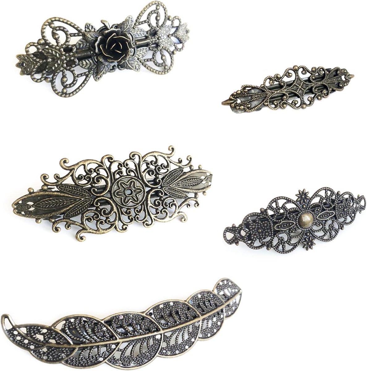 5 Stuks Vintage Haarspeldjes Set met Rozen, Kroontjes en Hartjes in Bronskleur