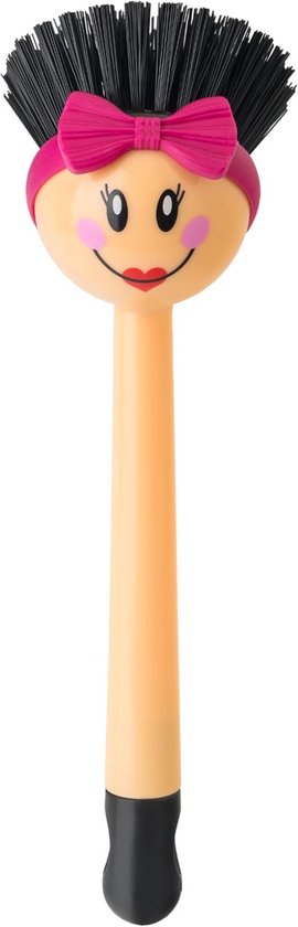 Een afwasborstel met een beige handvat en een gezichtje met een roze strik, grote ogen en rode lippen.