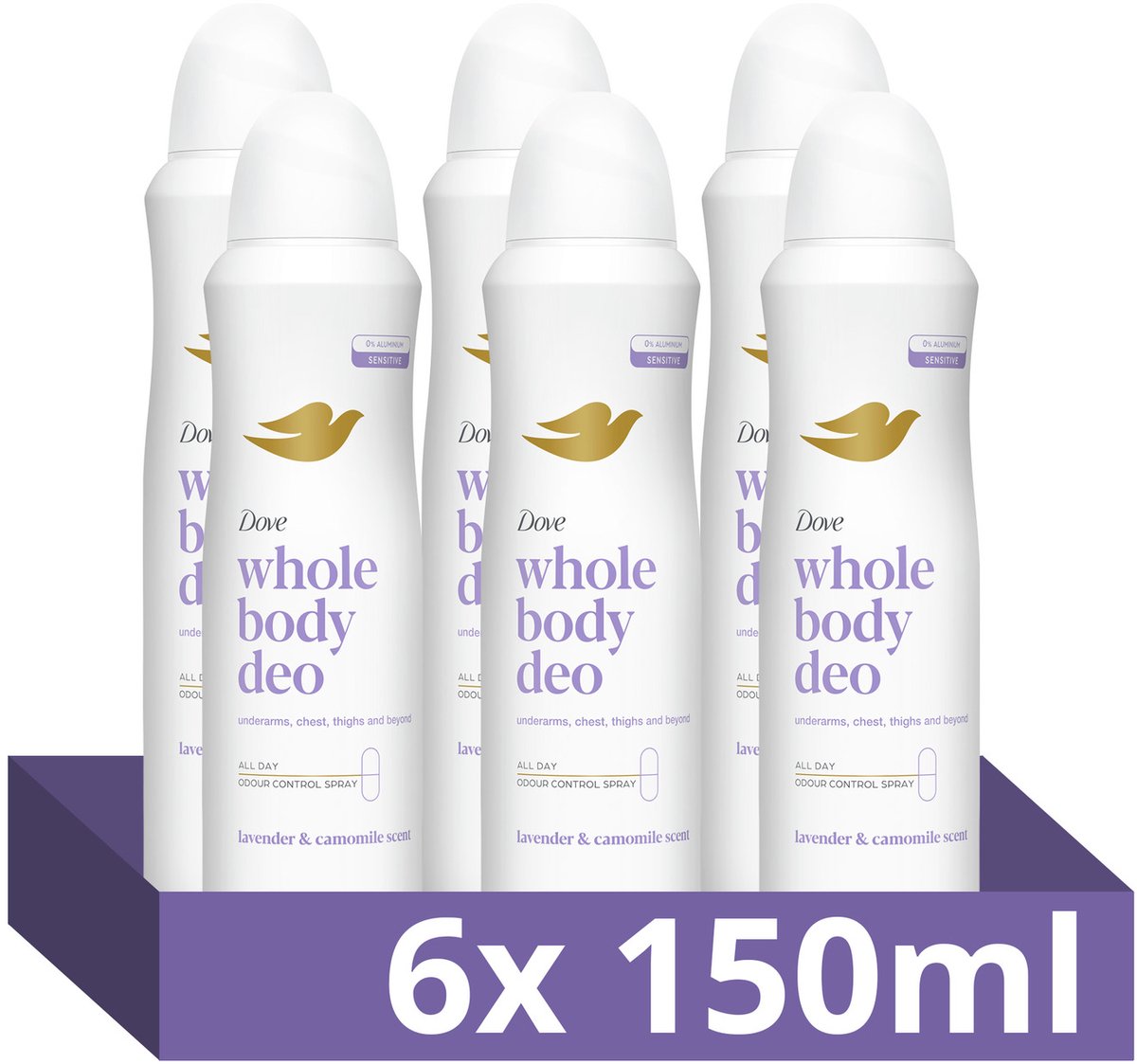 Dove Whole Body Deodorant Spray - Lavender & Camomile - de formule met frisse geur, voedende oliën en glycerine bevat 0% aluminiumzouten - 6 x 150 ml