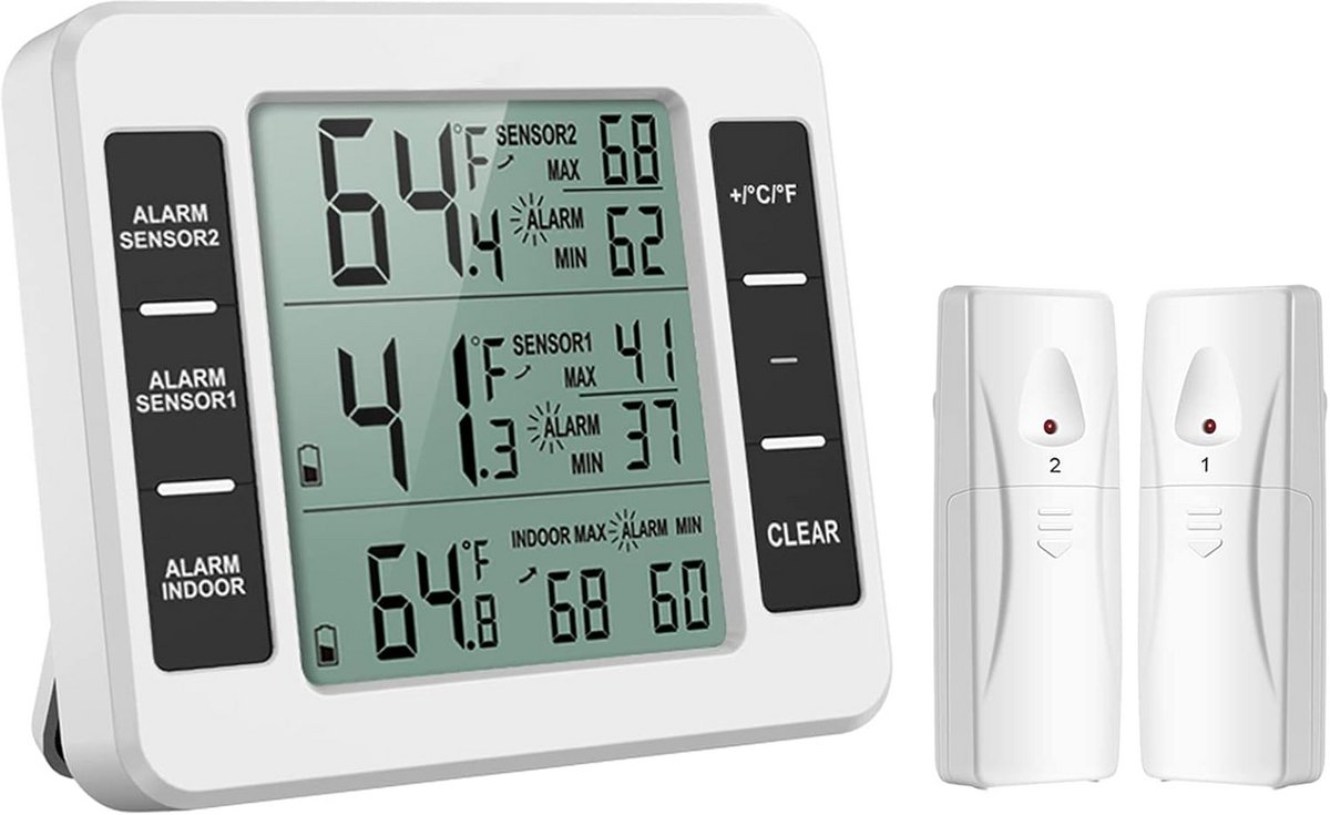 Draadloze Koelkast Thermometer met 2 Sensoren | Min/Max Alarm & Digitaal Display