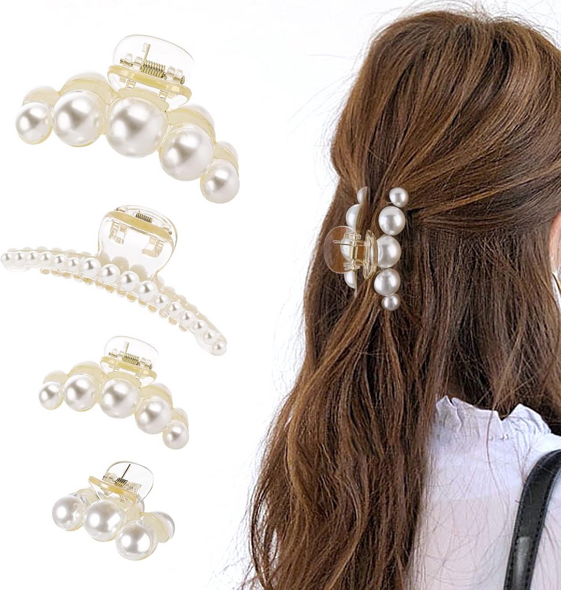 4x Grote Parel Haarclip Set - Antislip & Sterke Klem voor Dik Haar - Vrouwen & Meisjes