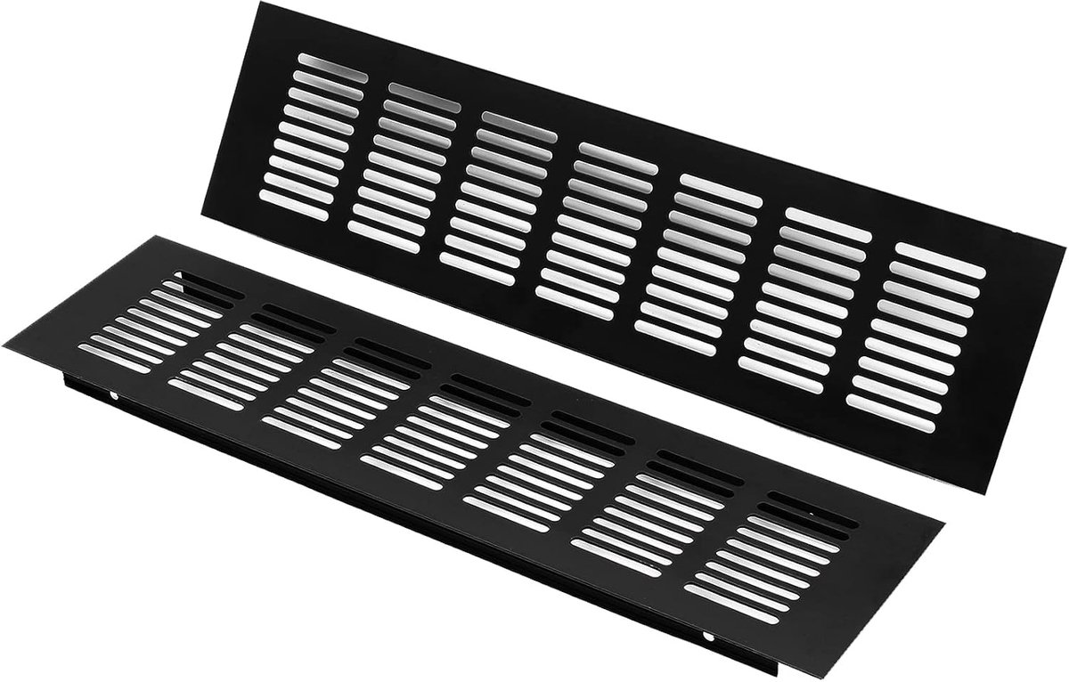2x Zwarte Rechthoekige Ventilatie Rooster Aluminium Gaas Kast/Meubel Ventilatieopening 300x80mm