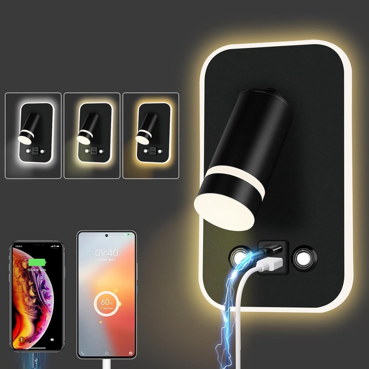 Oplaadbare LED Wandlamp met USB-Poort - 3 Kleuren & 350° Draaibaar - Zwart Rechthoekig Mod