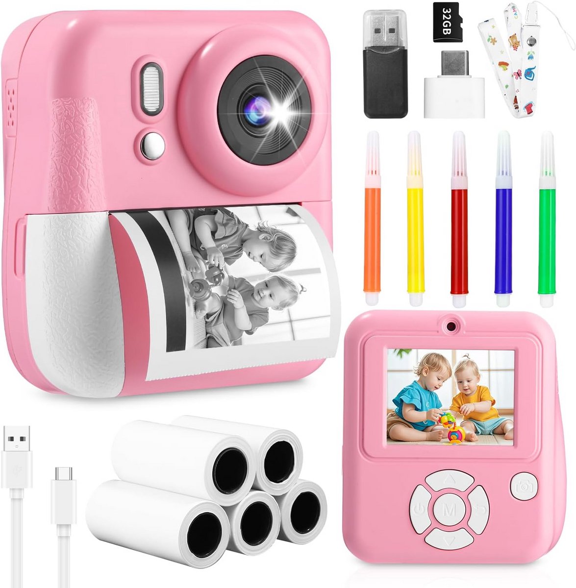 Kindercamera Direct Printen in Kleur en Zwart-Wit met 32GB Kaart en 6 Rollen Papier