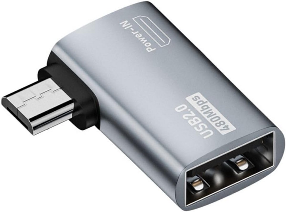 2-in-1 Micro USB OTG Adapter met Stroomtoevoer - 90 Graden Hoek voor USB Apparaten