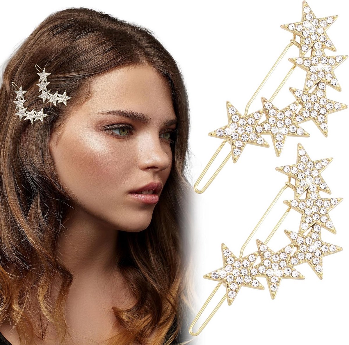 2x Goudkleurige Sterren Haarspeldjes met Strass voor Dames