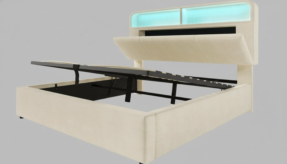 Gestoffeerd Tweepersoonsbed 140x200 cm – Casa Velluto Luxe Fluwelen Bed met Verstelbaar Hoofdeinde, Hydraulische Opbergruimte, LED-verlichting & USB/Type-C Laadstation – Modern Beige Incl. Lattenbodem