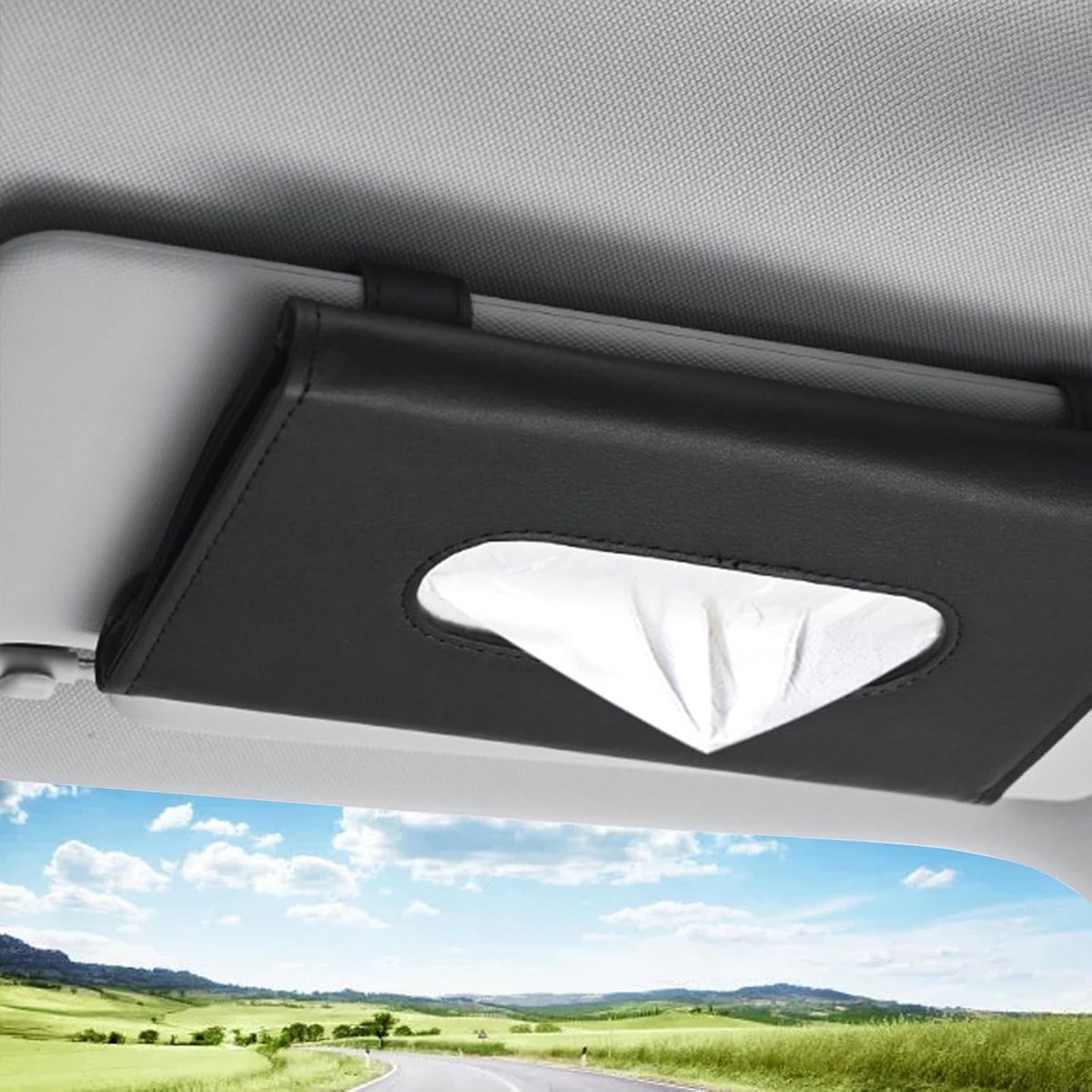 Oneay Lederen tissuebox-accessoire voor de zonneklep in de auto, tissuehouderclip, geschikt voor de achterbank en rugleuningen.