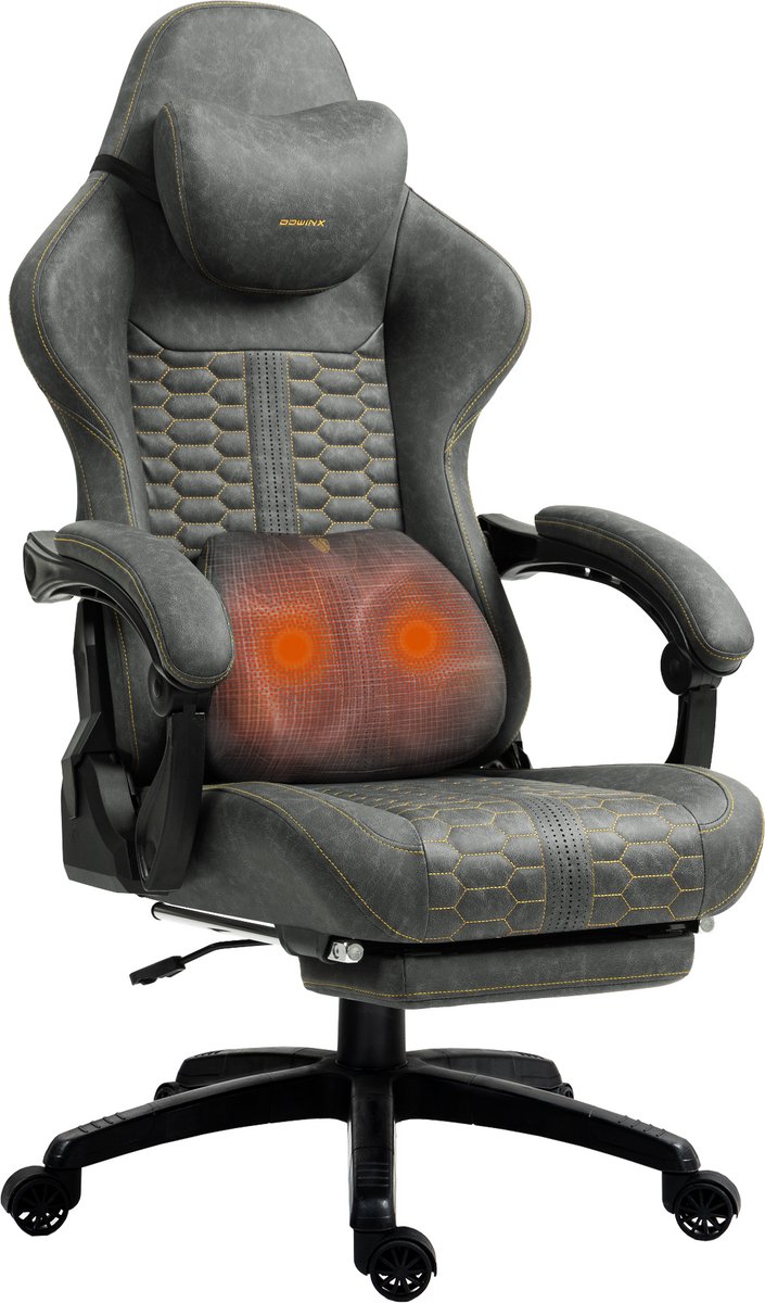 Dowinx gamingstoel Big and Tall - met massage lendensteun - met voetensteun - ergonomische bureaustoel - PU leer - tot 180 kg - grijs