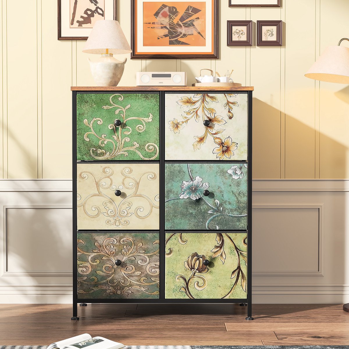 Ladekast met 6 Lades – Industrieel Opbergkast met Stoffen Lades en Metalen Frame – Walnoot Look