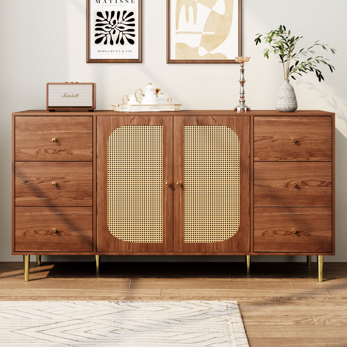 Zubaliya - 1x Sideboard - 160 cm - Rieten Deuren - 6 Laden - Opbergkast - Woonkamer - Eetkamer - Houtnerf - Bruin