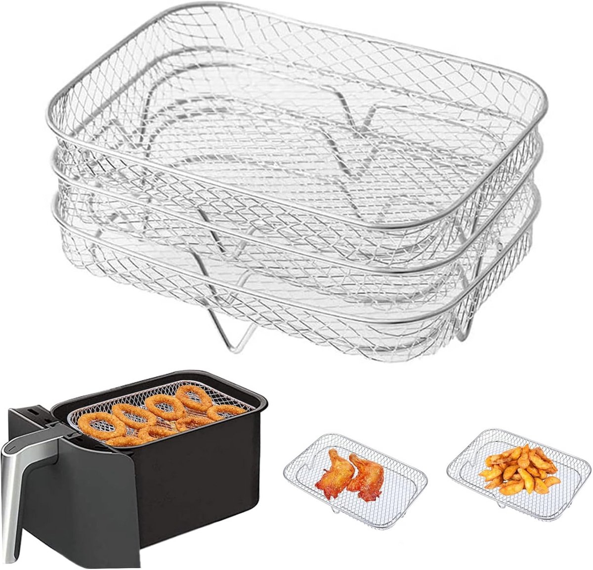 Stapelbare RVS Airfryer Accessoires Set - 3 Delige Grillrekken voor XXL Modellen