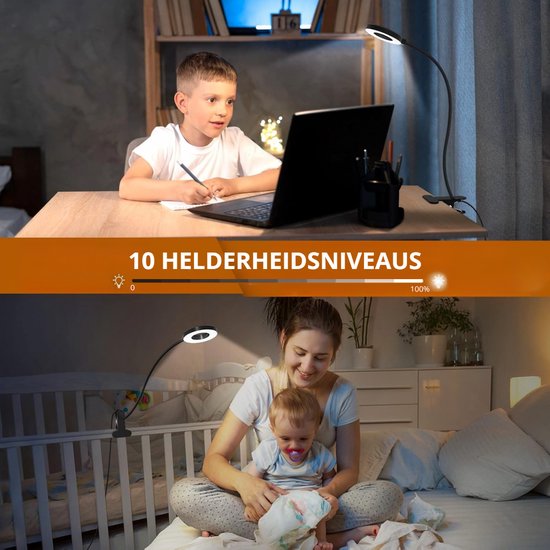 Jongen met laptop bij een ringlamp. Moeder met baby bij bed verlicht door ringlamp. Boven: 10 helderheidsniveaus.