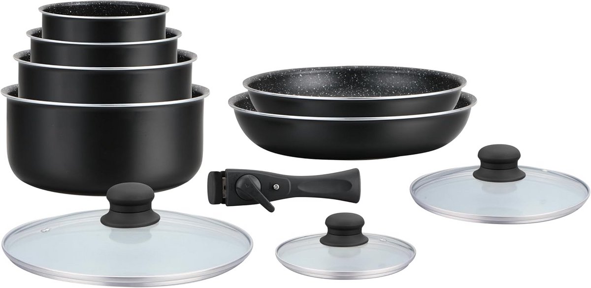 Pannenset Met Steflakking - 10 Delig - Afneembare Handgreep - Zwart