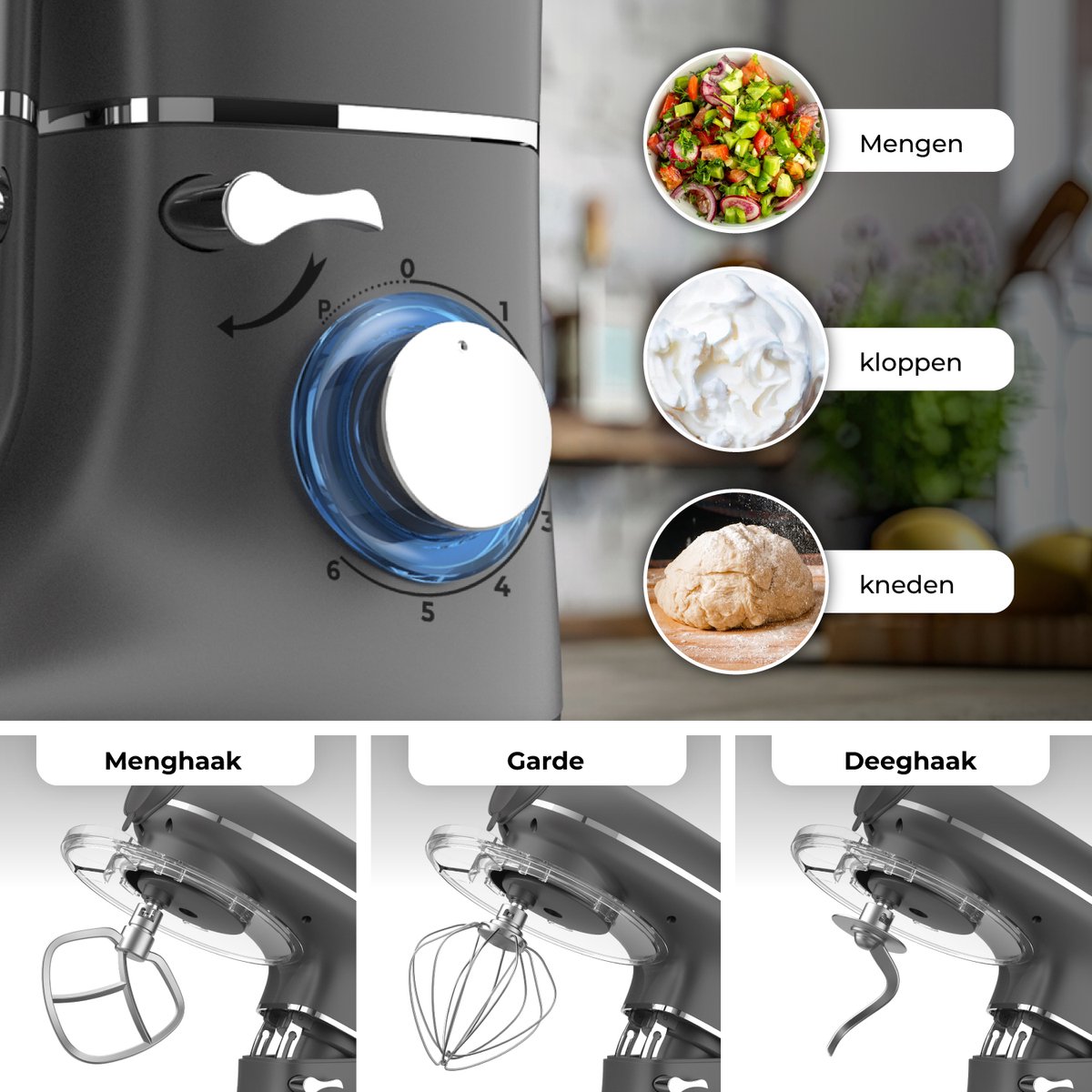 Fentic Keukenmachine – 2000W – Keukenrobot – Foodprocessor - 6,2L Mengkom – Incl. Vleesmolen, Blender en extra Accessoires – Antraciet – foto 5