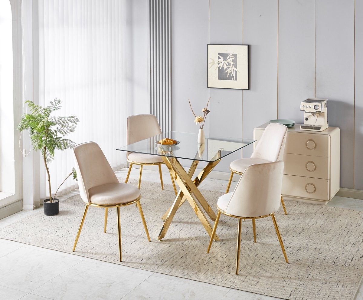 STILVORA Eethoek Set - Tafel Met 4 Fluwelen Stoelen - Voor Eetkamer En Kaptafelhoek - Metaal En Goudkleurig Gouden